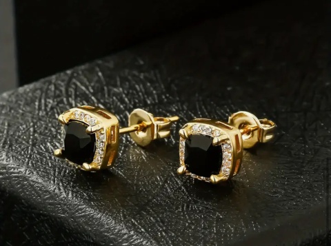 Kolczyki z czarna cyrkonią złocone 18k