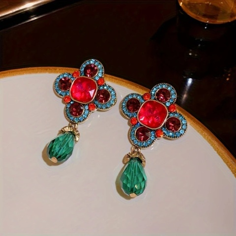 Kolorowe kolczyki boho glamour z kryształami – czerwono-zielone, wiszące