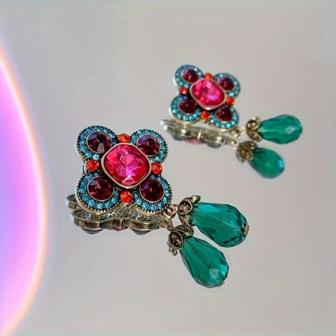 Kolorowe kolczyki boho glamour z kryształami – czerwono-zielone, wiszące